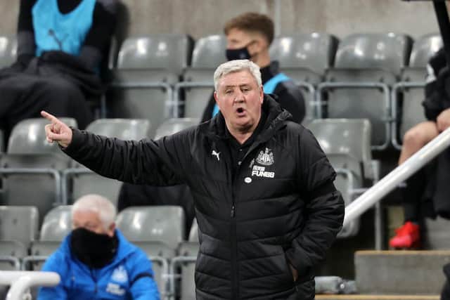Newcastle United's English head coach Steve Bruce gestures from the sidelines during the English Premier League football match between Newcastle United and Aston Villa at St James' Park in Newcastle-upon-Tyne, north east England on March 12, 2021.