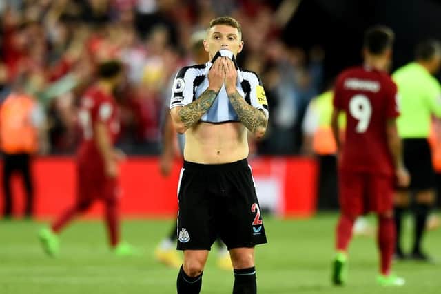 Kieran Trippier of Newcastle United dejected at the end of the Premier League match between Liverpool FC and Newcastle United at Anfield on August 31, 2022 in Liverpool, England. (Photo by Andrew Powell/Liverpool FC via Getty Images)