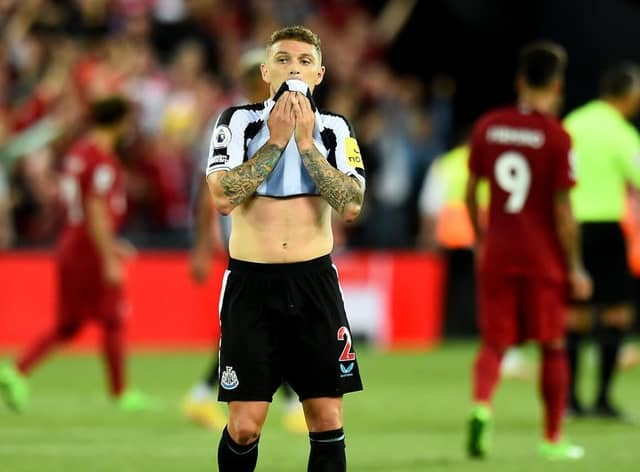 Kieran Trippier of Newcastle United dejected at the end of the Premier League match between Liverpool FC and Newcastle United at Anfield on August 31, 2022 in Liverpool, England. (Photo by Andrew Powell/Liverpool FC via Getty Images)