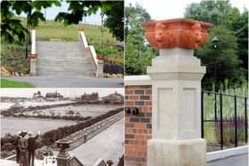 Historic images of the Grand Promenade Staircase with lions’ heads urns and the recreated landmark at North Marine Park.