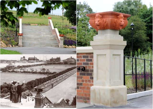 Historic images of the Grand Promenade Staircase with lions’ heads urns and the recreated landmark at North Marine Park.