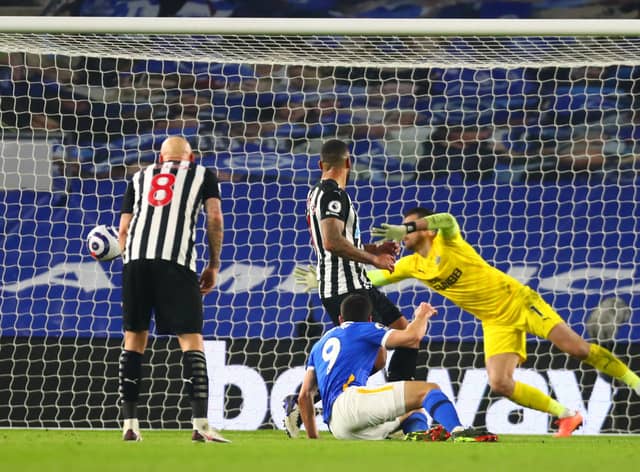 Neal Maupay of Brighton & Hove Albion scores their team's third goal during the Premier League match between Brighton & Hove Albion and Newcastle United.