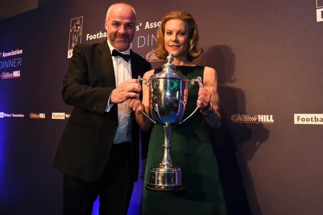 Amanda Staveley and award's host BBC's Ian Dennis with Men's Player of the Year 2021 trophy, for Allan Saint-Maximin (photo: Sir Bobby Robson Foundation).
