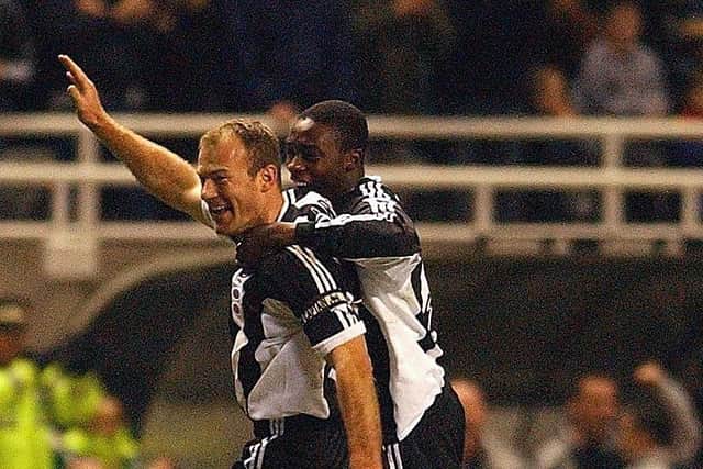 Alan Shearer of Newcastle celebrates after his goal during the FA Barclaycard Premiership match between Newcastle United  and Everton on December 1, 2002. (Photo by Ross Kinnaird/Getty Images)