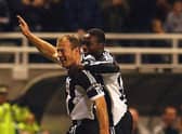 Alan Shearer of Newcastle celebrates after his goal during the FA Barclaycard Premiership match between Newcastle United  and Everton on December 1, 2002. (Photo by Ross Kinnaird/Getty Images)