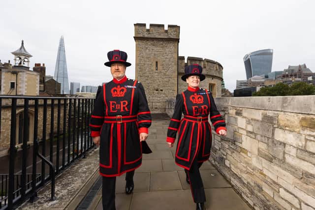 Emma Rousell, from Derby, and Paul Langley, from South Shields, become the newest Yeoman Warders at the Tower of London.