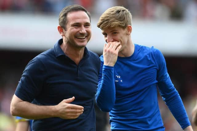 Everton manager Frank Lampard shares a joke with Anthony Gordon of Everton at the end of the Premier League match between Arsenal and Everton at Emirates Stadium on May 22, 2022 in London, England. (Photo by Mike Hewitt/Getty Images)