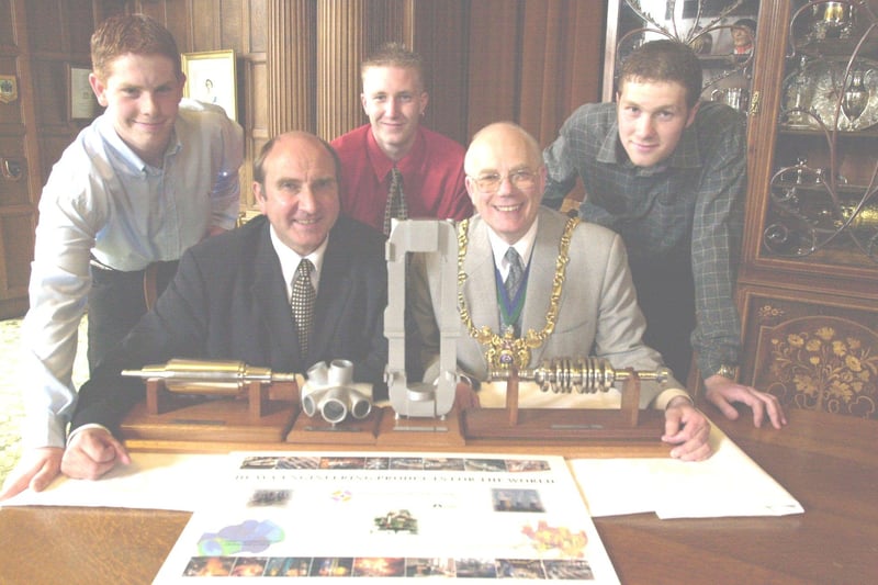 The Lord Mayor of Sheffield Councillor Trevor Bagshaw pictured after receiving models of major Forgemaster products from Forgemasters MD Mr David Fletcher in 2000. Also pictured are apprentices who made the models Daniel Levitt,Daniel Capper and Stuart McMillan.