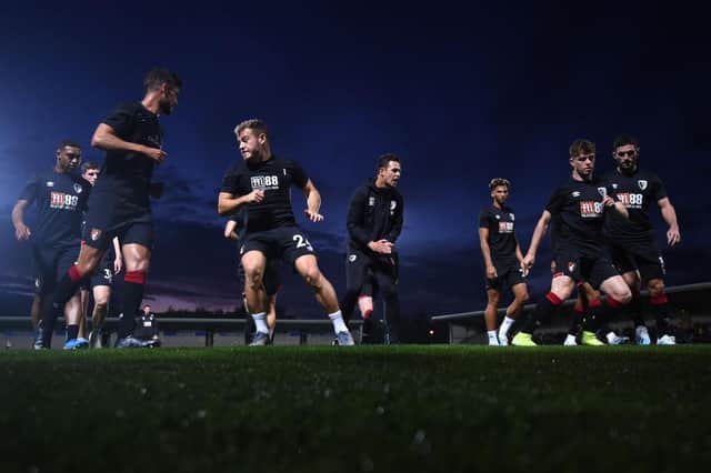 Ryan Fraser of AFC Bournemouth and teammates warm up prior to the Carabao Cup Third Round match between Burton Albion and AFC Bournemouth at Pirelli Stadium on September 25, 2019 in Burton-upon-Trent, England. (Photo by Nathan Stirk/Getty Images)