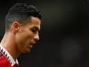 Cristiano Ronaldo of Manchester United walks off at half time during the Premier League match between Manchester United and Newcastle United at Old Trafford on October 16, 2022 in Manchester, England. (Photo by Dan Mullan/Getty Images)