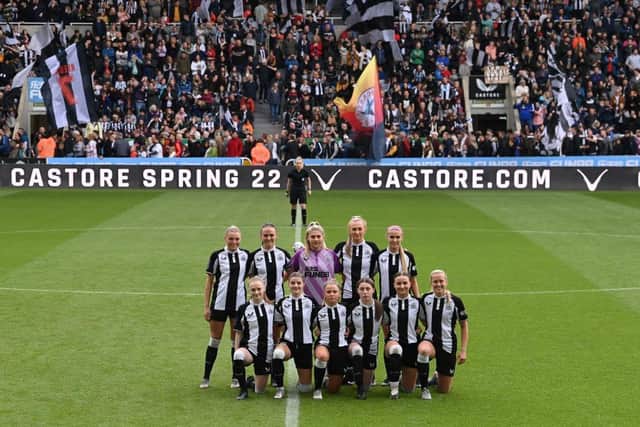NEWCASTLE UPON TYNE, ENGLAND - MAY 01: The Newcastle United women's team pictured before the FA Women's National League Division One North match between Newcastle United Women and Alnwick Town Ladies at St James' Park on May 01, 2022 in Newcastle upon Tyne, England. (Photo by Stu Forster/Getty Images)