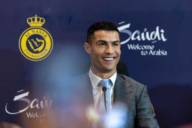 Cristiano Ronaldo attends a press conference during his unveiling of Cristiano Ronaldo as an Al Nassr player today.