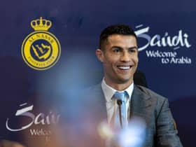 Cristiano Ronaldo attends a press conference during his unveiling of Cristiano Ronaldo as an Al Nassr player today.
