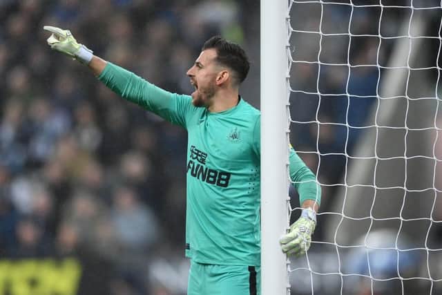 Newcastle goalkeeper Martin Dubravka organises his defence during the Premier League match between Newcastle United and Liverpool FC at St. James Park on February 18, 2023 in Newcastle upon Tyne, England. (Photo by Stu Forster/Getty Images)