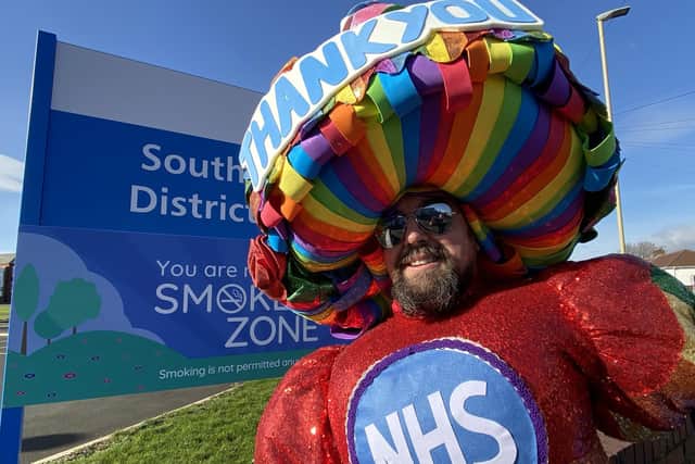 Colin Burgin-Plews at the start of his sponsored walk outside of South Tyneside District Hospital in 2020.