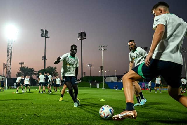 Australia's Garang Kuol and team-mates attend a training session at the Aspire Academy in Doha.