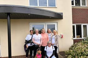 Care Assistants, Gillian Scott, Helen Peco, Pamela Atkinson, Molly Turnbull, Bev Kenyon, Home Administrator, and Cheryl Graham, Housekeeper and Gill’s dog Tilly at HC-One's Hawthorn Court Care Home