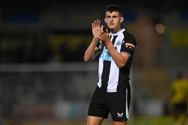 Kell Watts of Newcastle looks on during the pre-season friendly between Burton Albion and Newcastle United at the Pirelli Stadium on July 30, 2021 in Burton-upon-Trent, England. (Photo by Michael Regan/Getty Images)