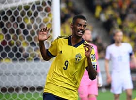 Sweden's forward Alexander Isak reacts during the FIFA World Cup Qualifier football match Sweden vs Czech Republic in Solna, on March 24, 2022. (Photo by JONATHAN NACKSTRAND/AFP via Getty Images)
