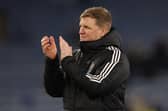 Newcastle United's English head coach Eddie Howe applauds fans on the pitch after the English Premier League football match between Leicester City and Newcastle United at King Power Stadium in Leicester, central England on April 7, 2025. Newcastle won the game 3-0. (Photo by Darren Staples / AFP)