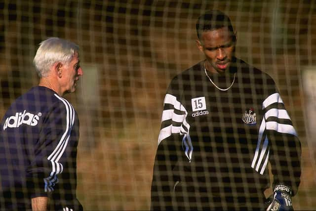 28 Jan 1997:  Shaka Hislop Newcastle's goalkeeper walks back to the nets. During Newcastle United training at their grounds in Newcastle. \ Mandatory Credit: Stu Forster /Allsport