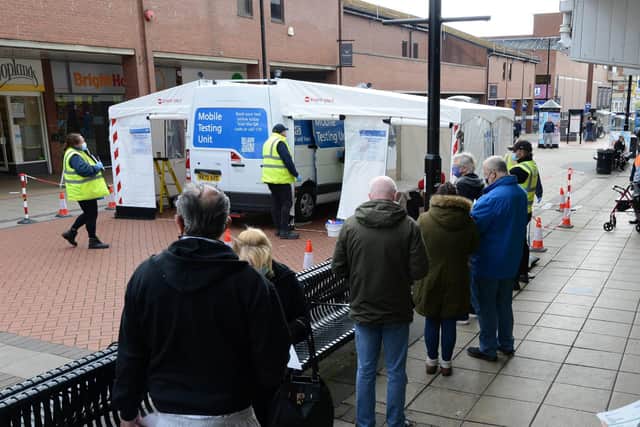 Mobile COVID-19 surge testing units in North Shields amid concerning growth of the Indian coronavirus variant.
