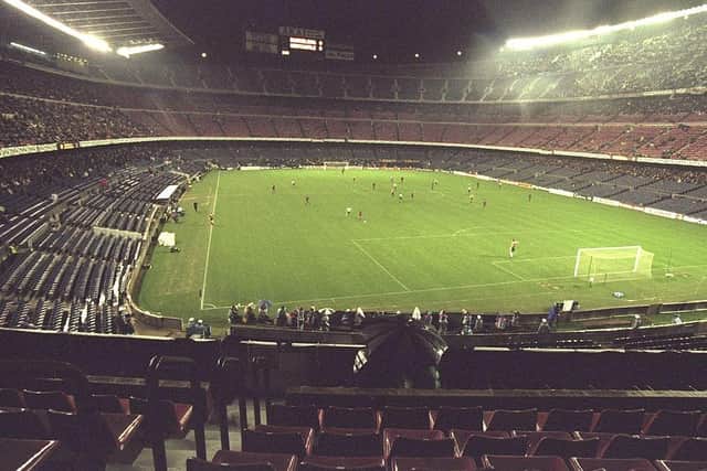 The sparse Nou Camp crowd for Newcastle United's Champions League game against Barcelona on November 26, 1997.