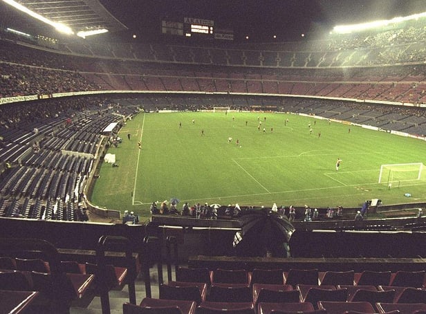 The sparse Nou Camp crowd for Newcastle United's Champions League game against Barcelona on November 26, 1997.