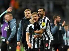 Matt Ritchie and Callum Wilson of Newcastle United celebrate following the Premier League match between Newcastle United and Wolverhampton Wanderers at St. James Park on March 12, 2023 in Newcastle upon Tyne, England. (Photo by Michael Regan/Getty Images)