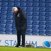 Steve Bruce, Manager of Newcastle United looks dejected during the Premier League match between Brighton & Hove Albion and Newcastle United at American Express Community Stadium on March 20, 2021 in Brighton, England.