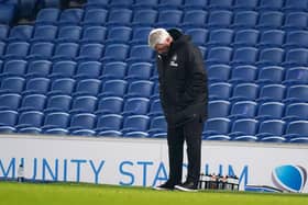Steve Bruce, Manager of Newcastle United looks dejected during the Premier League match between Brighton & Hove Albion and Newcastle United at American Express Community Stadium on March 20, 2021 in Brighton, England.
