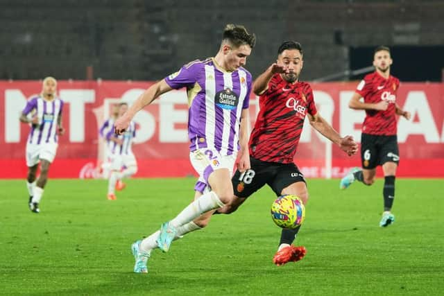 Jaume Costa of RCD Mallorca and Ivan Fresneda of Real Valladolid CF competes for the ball during the LaLiga Santander match between RCD Mallorca and Real Valladolid CF at Estadio de Son Moix on January 07, 2023 in Mallorca, Spain. (Photo by Rafa Babot/Getty Images)