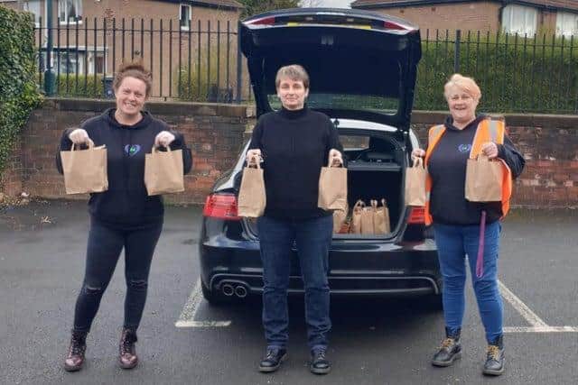 Jarrow MP Kate Osborne (centre) hands out packed lunches with Hebburn Helps founders Angie Comerford (left) and Jo Durkin.