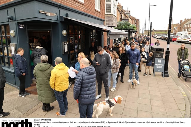 Huge queues form outside Longsands fish and chip shop this afternoon (FRI) in Tynemouth, North Tyneside as customers follow the tradition of eating fish on Good Friday.