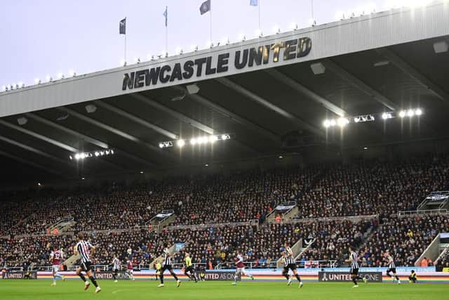 NEWCASTLE UPON TYNE, ENGLAND - OCTOBER 29: A general view of the action with the rainbow laces advertising hoardings during the Premier League match between Newcastle United and Aston Villa at St. James Park on October 29, 2022 in Newcastle upon Tyne, England. (Photo by Stu Forster/Getty Images)