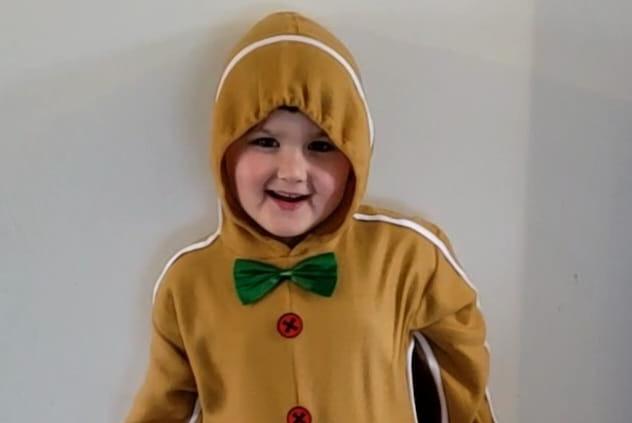 Brandon, 5 dressed as a Gingerbread Man.