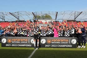 Gateshead captain Greg Olley lifts the National League North League title (photo: Charles Waugh).