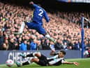 Chelsea's Antonio Rudiger is challenged by Newcastle United's Bruno Guimaraes.