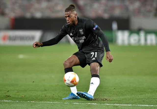 Nuno Tavares of S.L. Benfica shoots during the UEFA Europa League Round of 32 match against Arsenal FC. (Photo by Milos Bicanski/Getty Images)