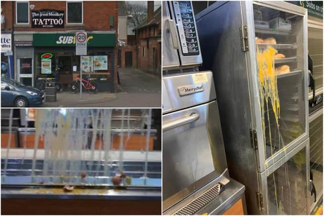 The Subway shop in Prince Edward Road in South Shields has been subjected to a series of attacks by egg-throwing teenagers. Photos by Subway/Google.
