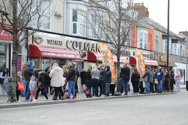 Huge queues were seen on Good Friday outside Colman's Ocean Road, South Shields.