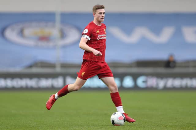 MANCHESTER, ENGLAND - JANUARY 05: Tony Gallacher of Liverpool FC on the ball during Manchester City v Liverpool FC U23's at The Academy Stadium on January 05, 2020 in Manchester, England. (Photo by Charlotte Tattersall/Getty Images)