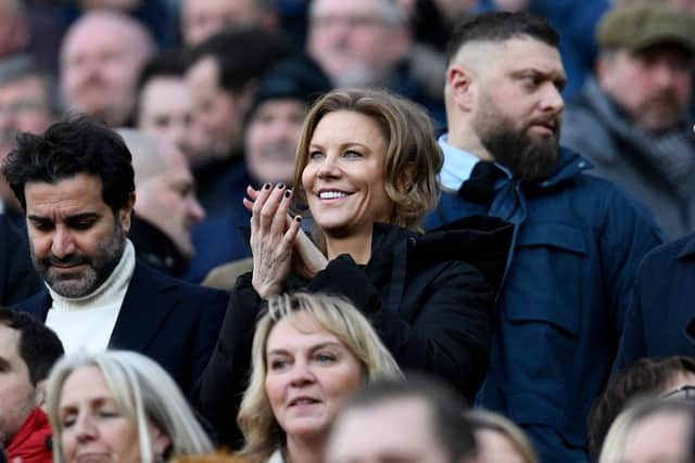 Newcastle United's owners Amanda Staveley (C) applauds ahead of the English Premier League football match between Newcastle United and Fulham at St James' Park in Newcastle-upon-Tyne, north-east England on January 15, 2023. (Photo by OLI SCARFF/AFP via Getty Images)