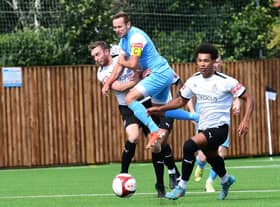 Darius Osei's late penalty secured a point for South Shields in a topsy-turvy encounter with Marine on Saturday. Picture Kev Wilson.