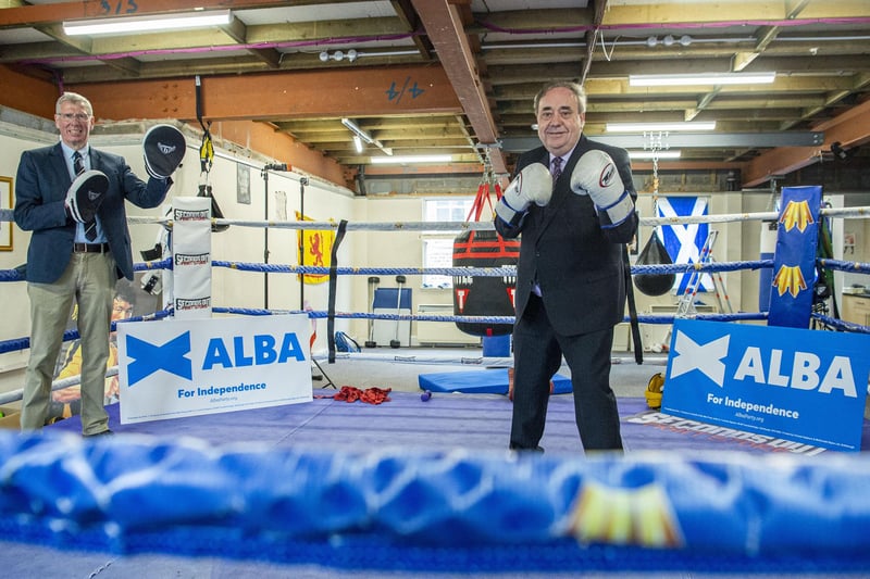 Alba Party leader Alex Salmond joined by Alba candidate Kenny MacAskill for a 'fight for independence' photo shoot at Alex Arthur’s Boxing Gym on Rose Street, Edinburgh.