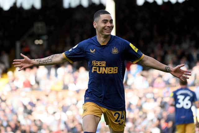 Miguel Almiron of Newcastle United celebrates after scoring their sides fourth goal during the Premier League match between Fulham FC and Newcastle United at Craven Cottage on October 01, 2022 in London, England. (Photo by Tom Dulat/Getty Images)