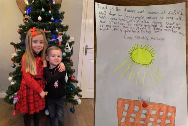 Amelia Mclaren and brother Freddie with the picture she sent to the RVI.