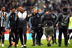 Newcastle United head coach Eddie Howe waves to fans after the Tottenham Hotspur win.