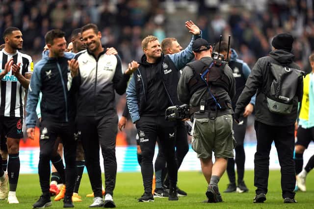 Newcastle United head coach Eddie Howe waves to fans after the Tottenham Hotspur win.