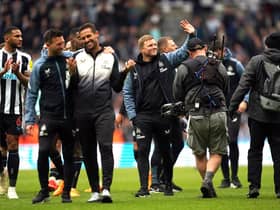 Newcastle United head coach Eddie Howe waves to fans after the Tottenham Hotspur win.